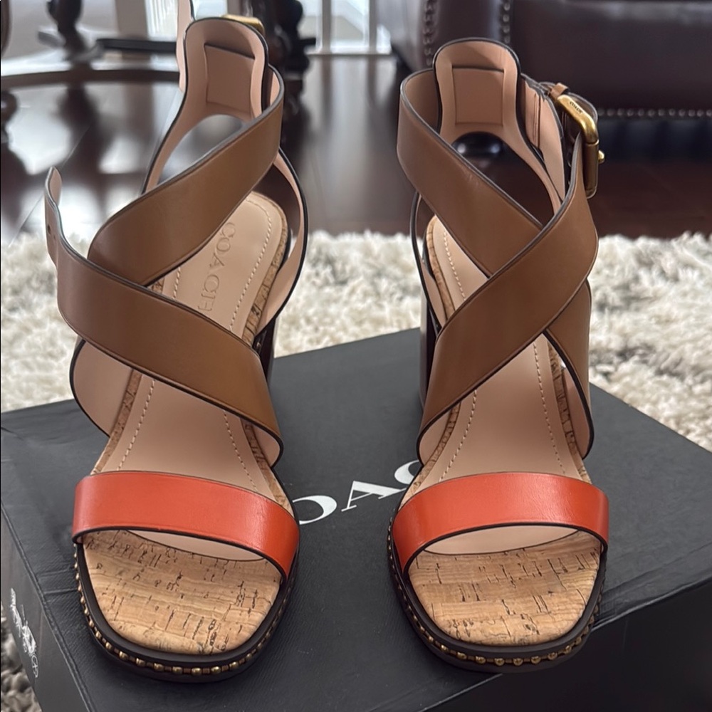 Coach Brown and Orange Sandals with Crisscross Straps